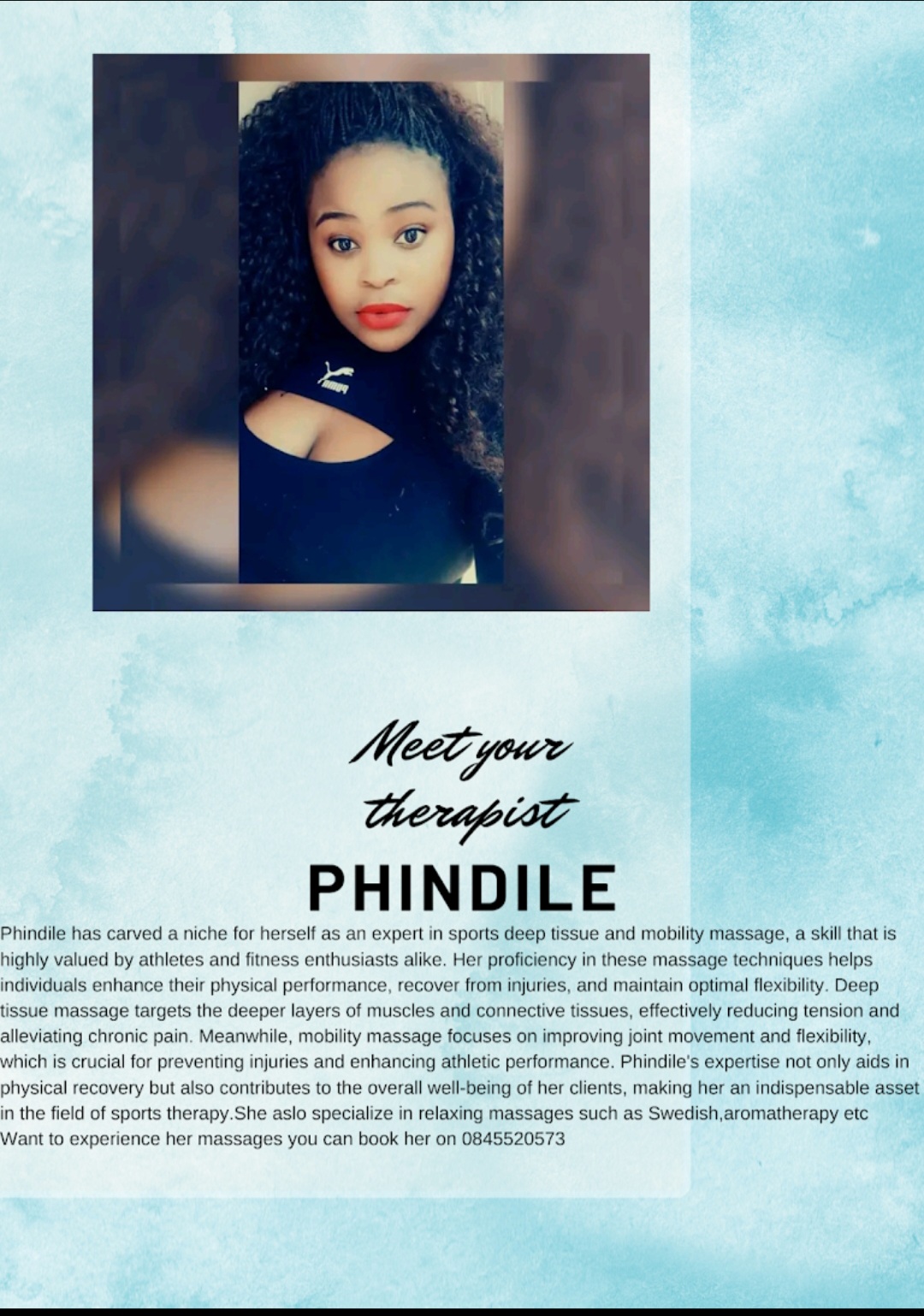 Phindile, massage therapist at Mirage Wellness